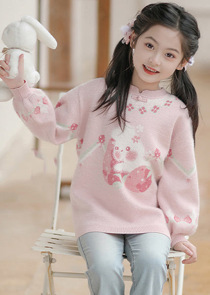 Handmade Pink O-neck Thick Print Cotton Knit Sweaters Spring