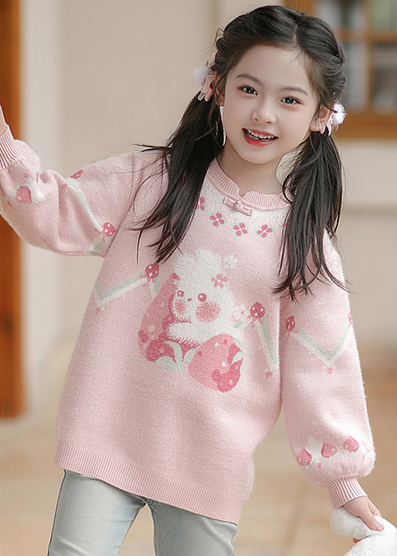 Handmade Pink O-neck Thick Print Cotton Knit Sweaters Spring