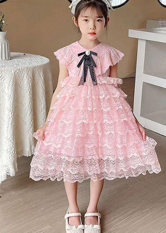 Handmade Pink Ruffled Layered Patchwork Lace Kids Dress Summer