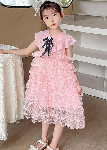 Handmade Pink Ruffled Layered Patchwork Lace Kids Dress Summer