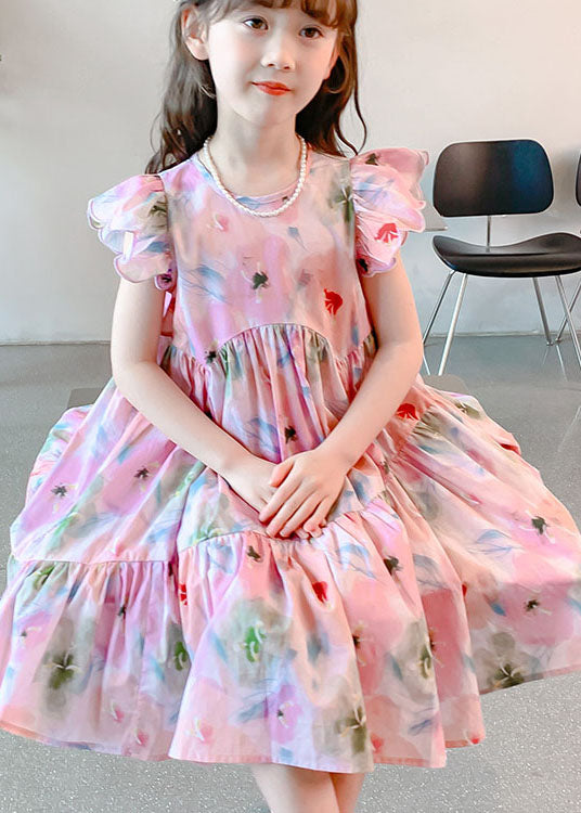Handmade Pink Ruffled Print Patchwork Cotton Kids Dresses Summer