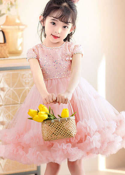 Handmade Pink Ruffled Sequins Nail Bead Patchwork Tulle Kids Dress Summer