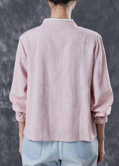 Handmade Pink V Neck Chinese Button Cotton Shirt Top Spring