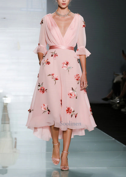 Handmade Pink V Neck Chiffon Party Dresses Flare Sleeve