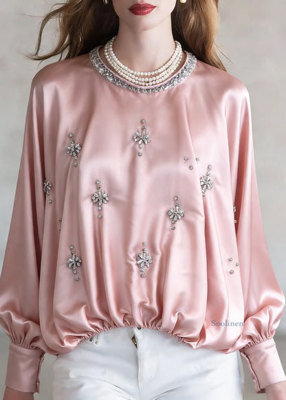 Handmade Pink Zircon Wrinkled Silk Shirt Batwing Sleeve