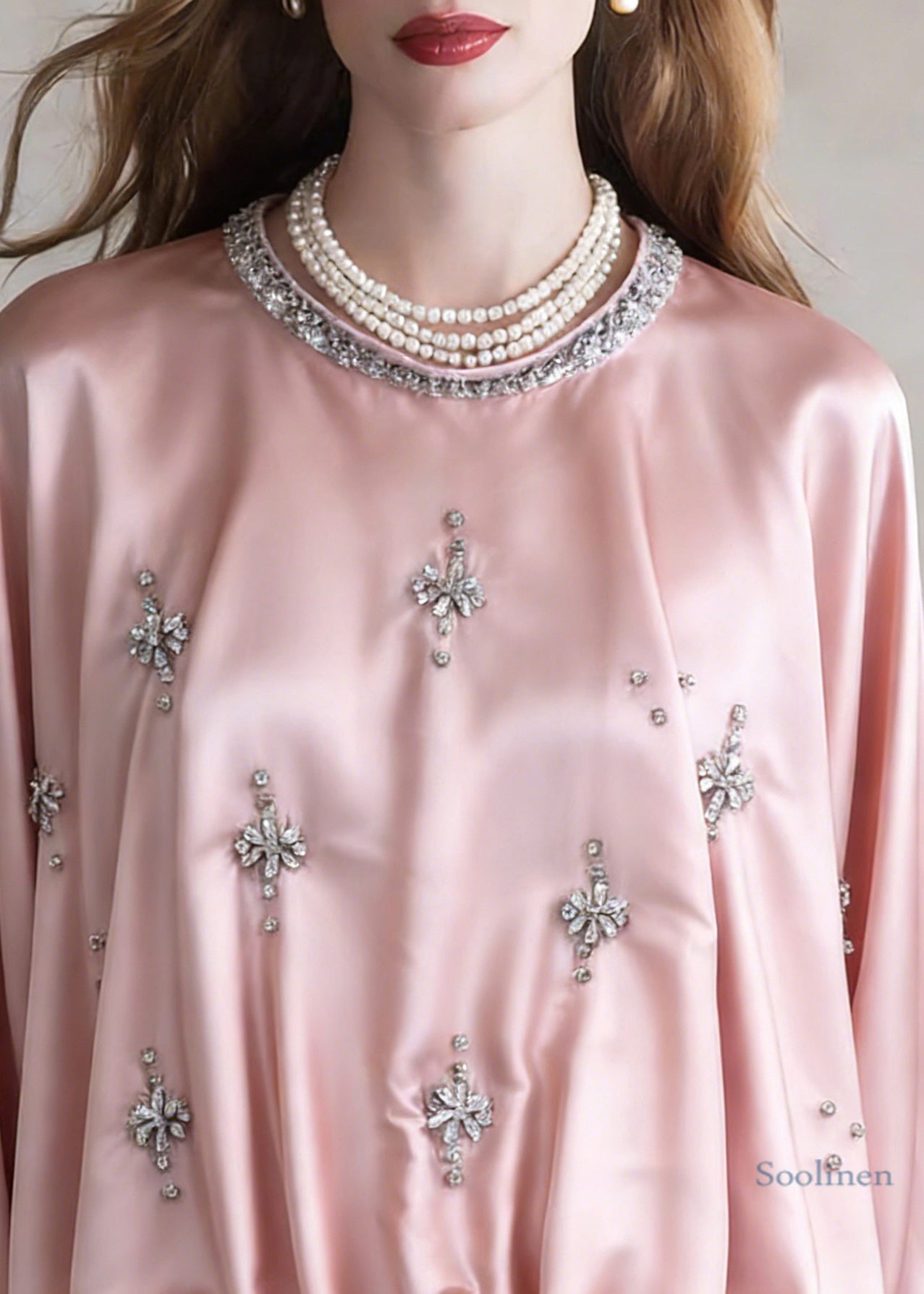 Handmade Pink Zircon Wrinkled Silk Shirt Batwing Sleeve