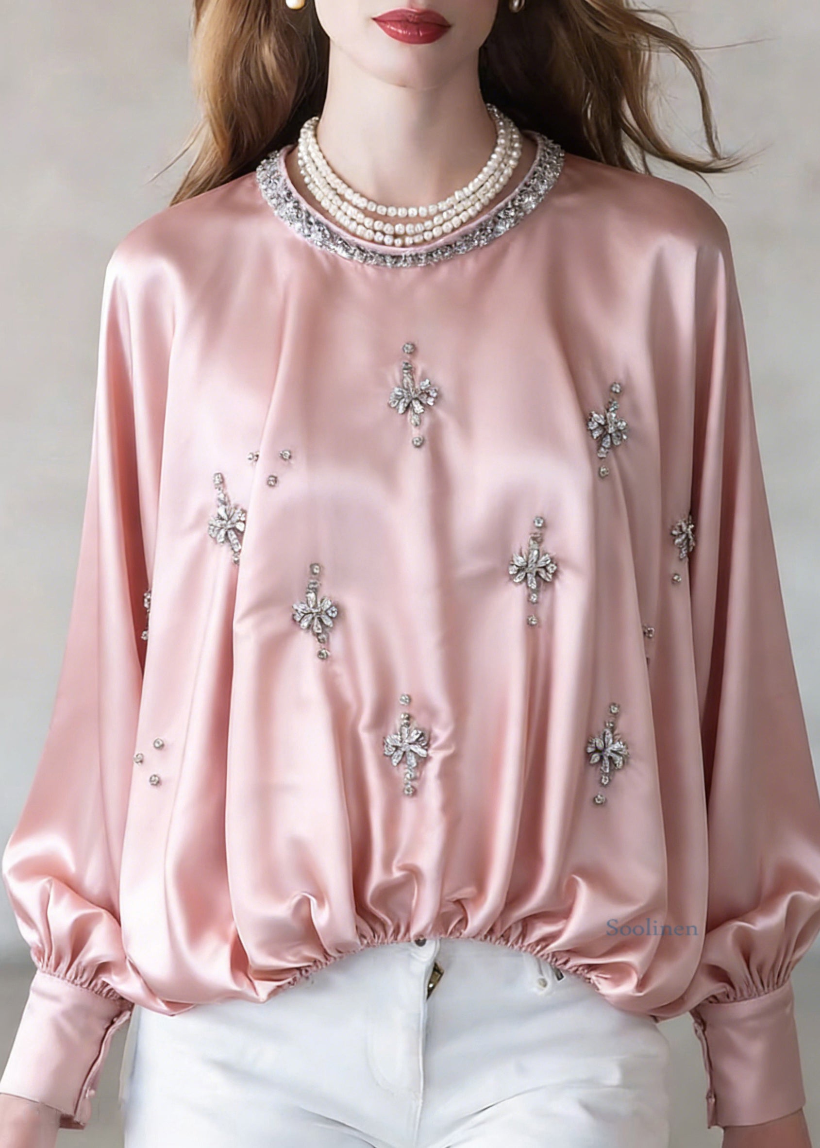 Handmade Pink Zircon Wrinkled Silk Shirt Batwing Sleeve