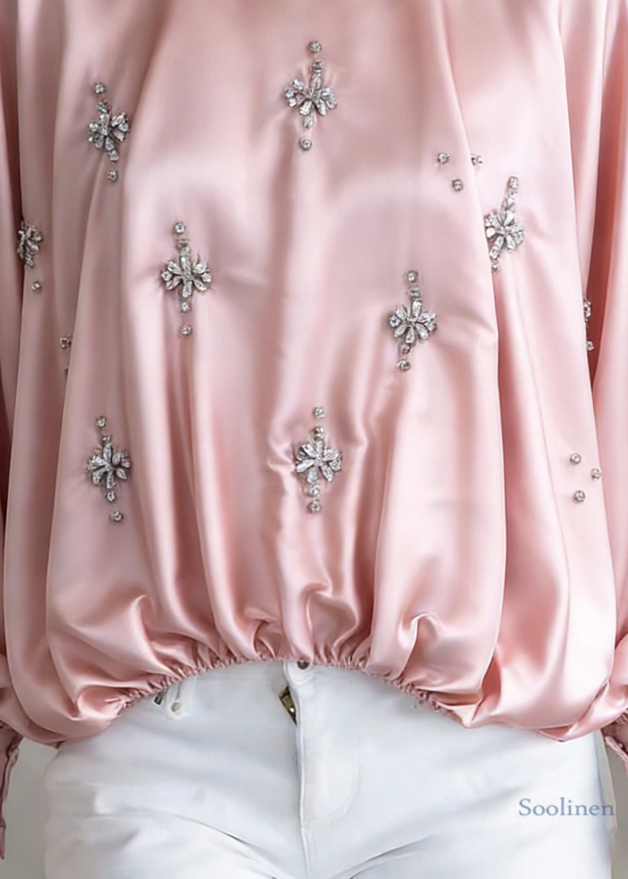Handmade Pink Zircon Wrinkled Silk Shirt Batwing Sleeve
