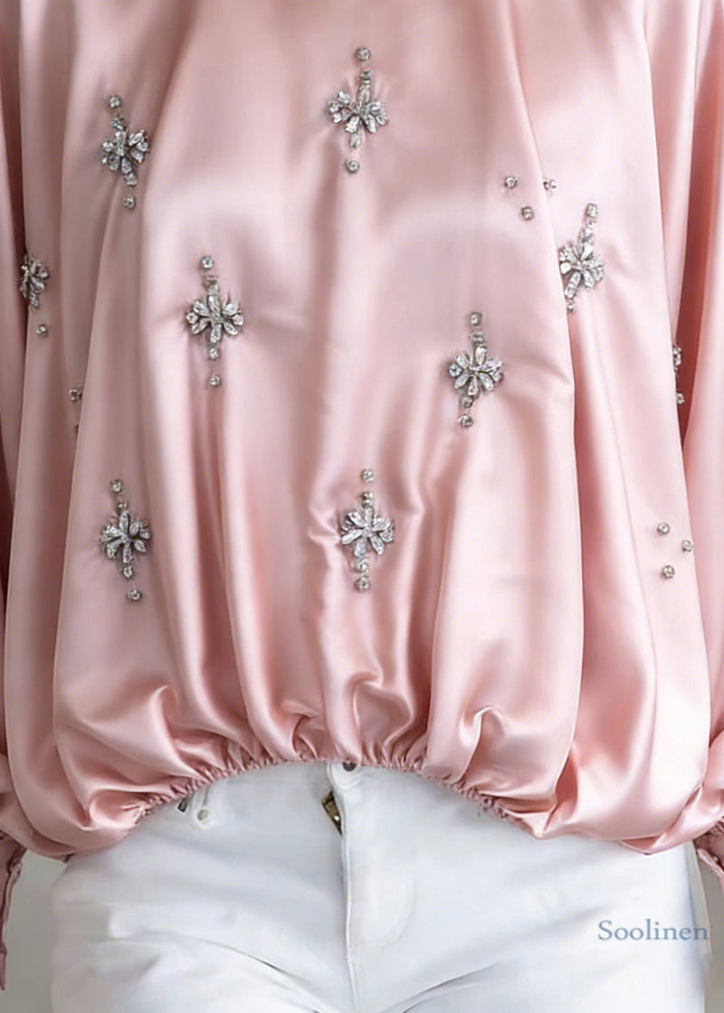 Handmade Pink Zircon Wrinkled Silk Shirt Batwing Sleeve