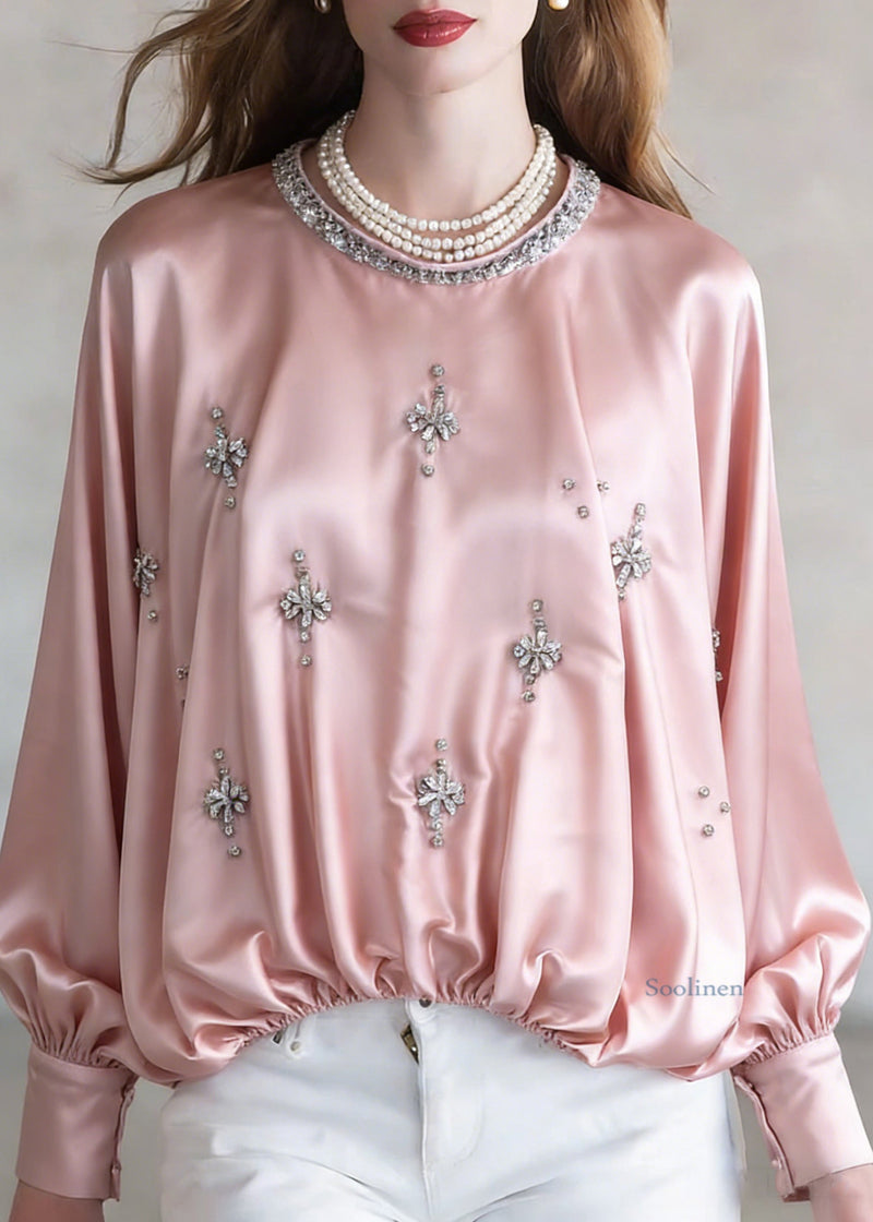 Handmade Pink Zircon Wrinkled Silk Shirt Batwing Sleeve