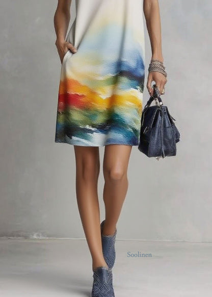 Handmade Print Mid Dresses V Neck Pockets Sleeveless