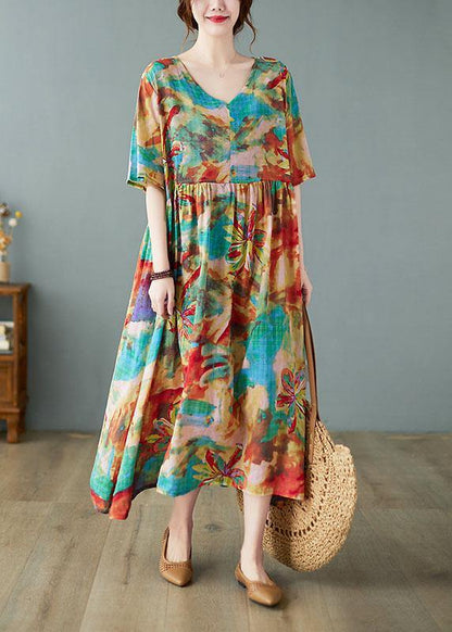 Handmade Print V Neck Patchwork Pockets Summer Long Dresses Half Sleeve