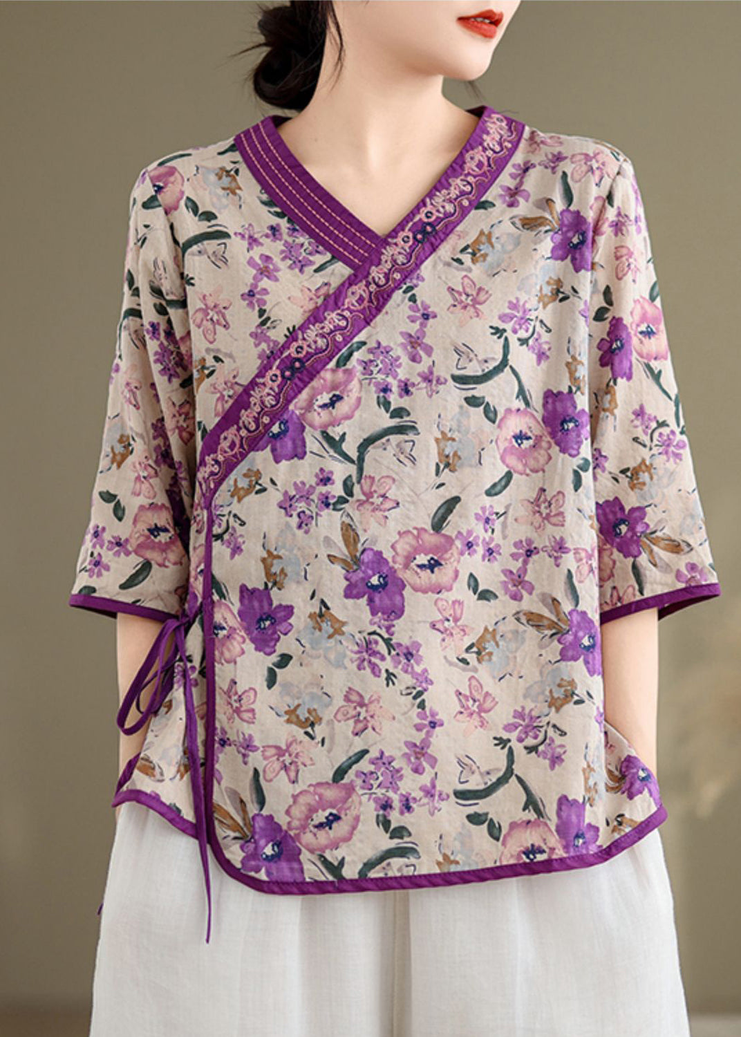 Handmade Purple Embroidered Print Linen Shirt Top Half Sleeve