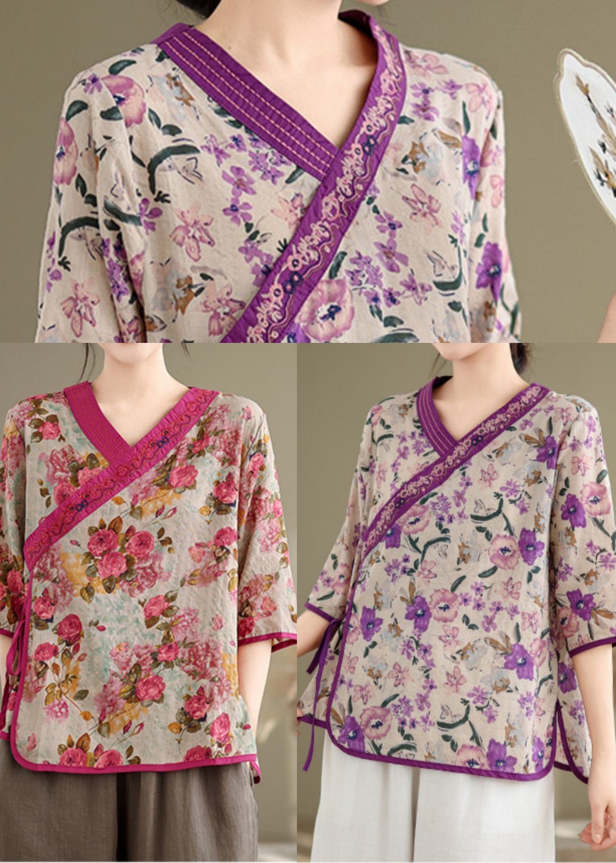 Handmade Purple Embroidered Print Linen Shirt Top Half Sleeve