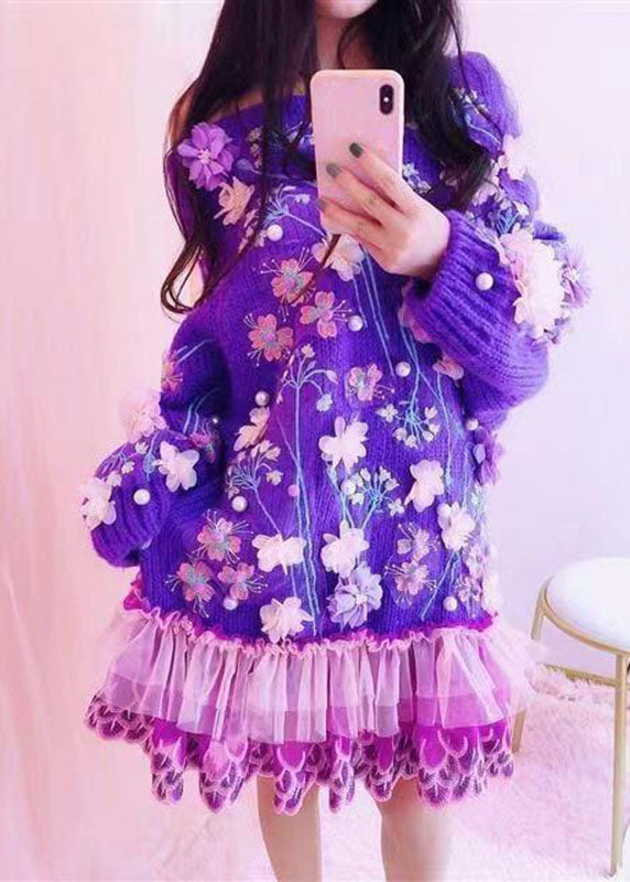 Handmade Purple O-neck Embroidered Tulle Patchwork Knit Mid Dresses Fall