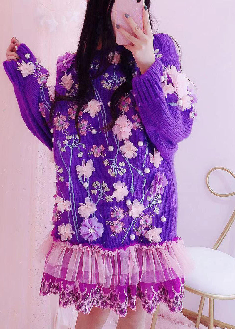 Handmade Purple O-neck Embroidered Tulle Patchwork Knit Mid Dresses Fall