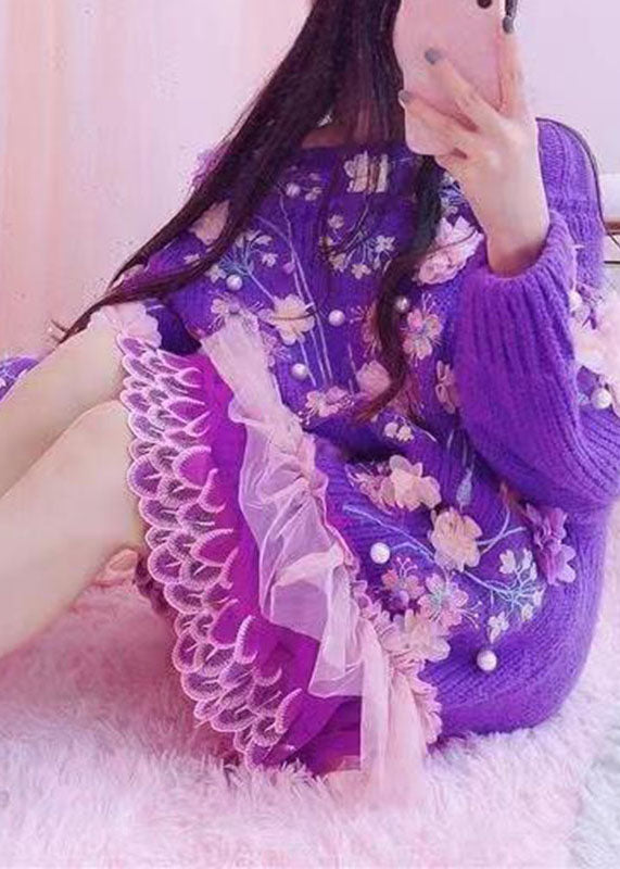 Handmade Purple O-neck Embroidered Tulle Patchwork Knit Mid Dresses Fall