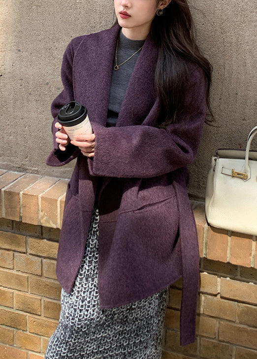 Handmade Purple Peter Pan Collar Pockets Tie Waist Wool Coat Winter