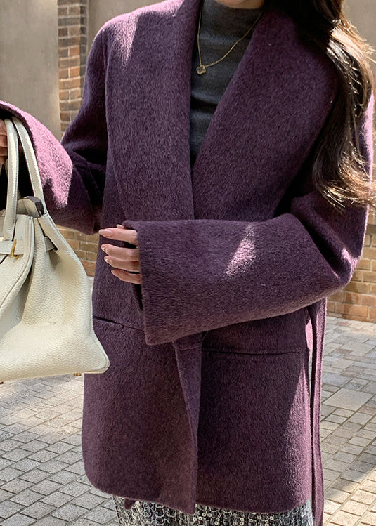 Handmade Purple Peter Pan Collar Pockets Tie Waist Wool Coat Winter
