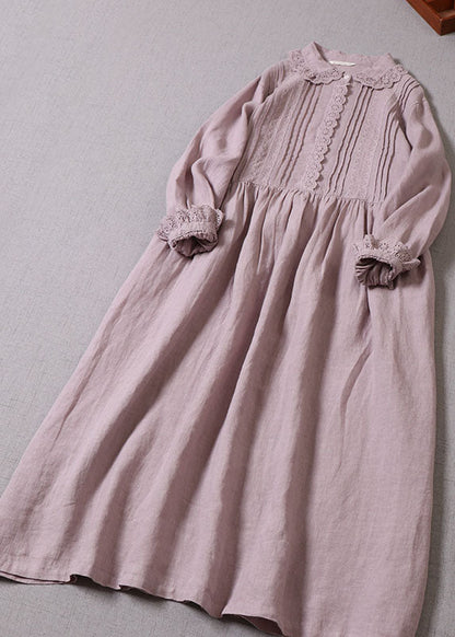 Handmade Purple Peter Pan Collar Wrinkled Linen Maxi Dresses Spring