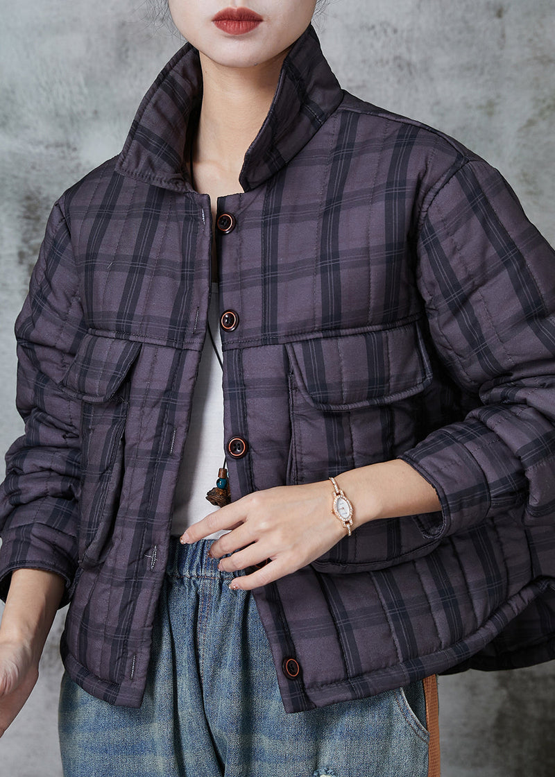 Handmade Purple Plaid Pockets Fine Cotton Filled Witner Coats