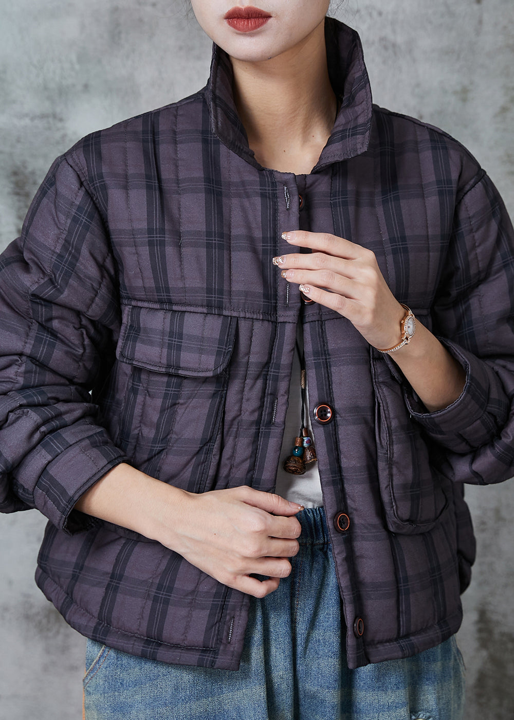 Handmade Purple Plaid Pockets Fine Cotton Filled Witner Coats