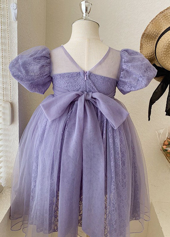 Handmade Purple Wrinkled Nail Bead Bow Patchwork Tulle Kids Dresses Summer
