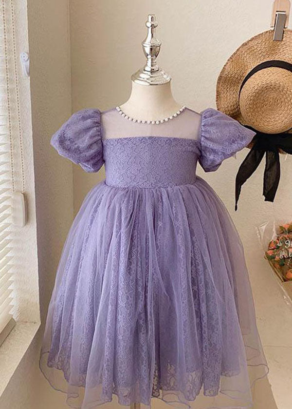 Handmade Purple Wrinkled Nail Bead Bow Patchwork Tulle Kids Dresses Summer