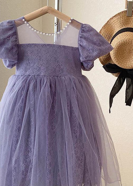 Handmade Purple Wrinkled Nail Bead Bow Patchwork Tulle Kids Dresses Summer