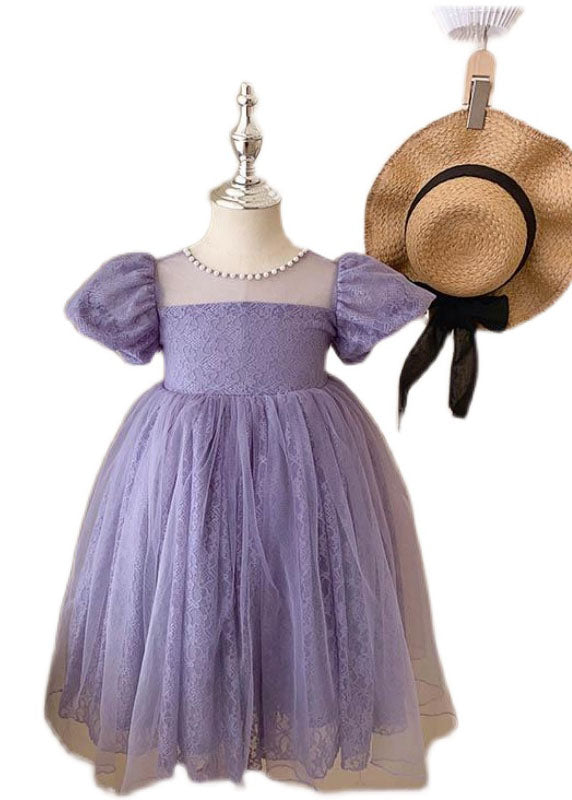 Handmade Purple Wrinkled Nail Bead Bow Patchwork Tulle Kids Dresses Summer