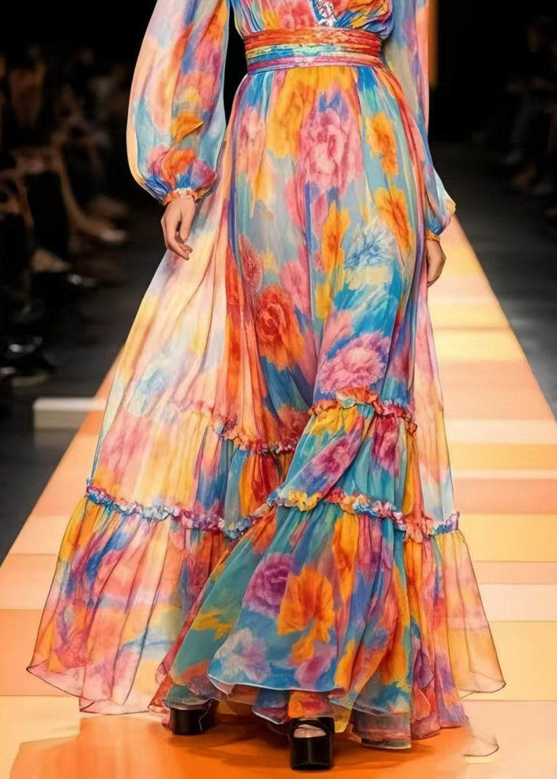 Handmade Rainbow Print Chiffon Vacation Dresses Summer