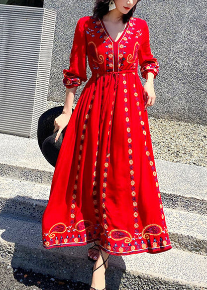 Handmade Red Embroidered Tie Waist Cotton Maxi Dresses Spring