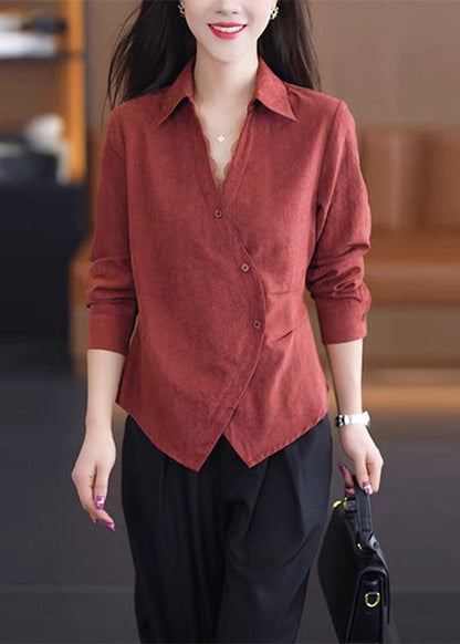 Handmade Red Lace Patchwork Button Solid Shirt Spring