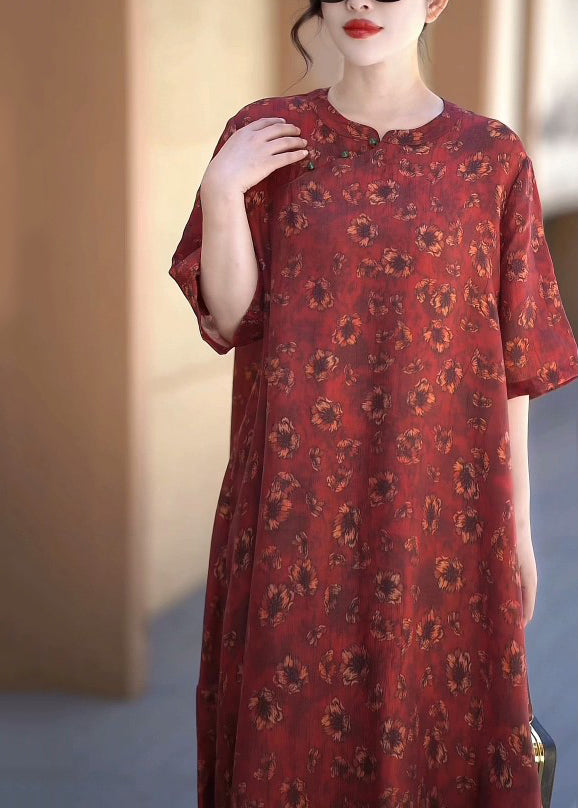 Handmade Red O-neck Asymmetrical Patchwork Silk Linen Long Dress Half Sleeve