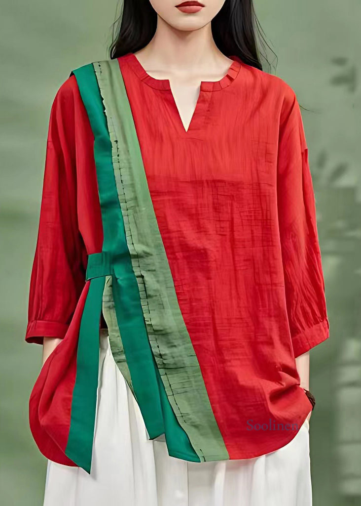 Handmade Red O-neck Asymmetrical Patchwork Top Full