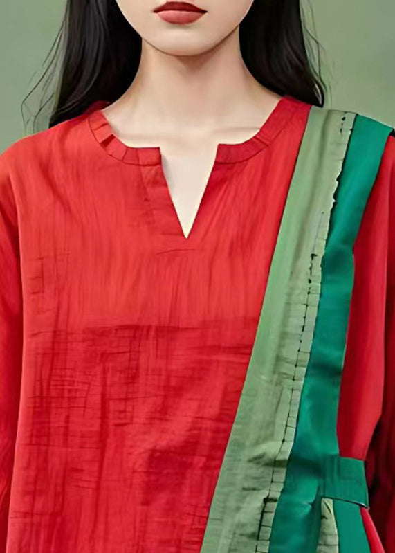 Handmade Red O-neck Asymmetrical Patchwork Top Full