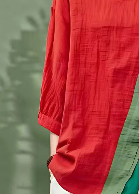 Handmade Red O-neck Asymmetrical Patchwork Top Full