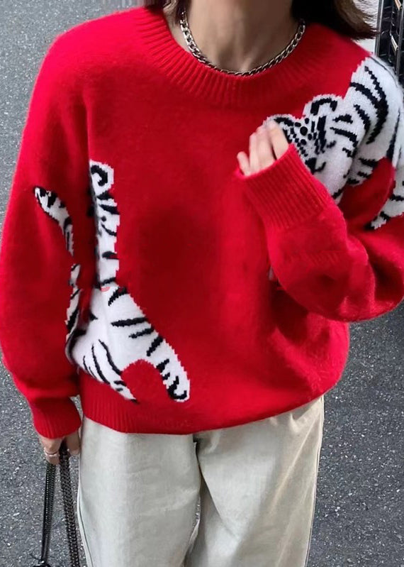 Handmade Red O-neck Cartoon Print Thick Woolen Sweaters Long Sleeve