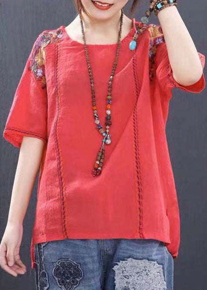 Handmade Red O-neck Embroideried Linen Tank Tops Short Sleeve