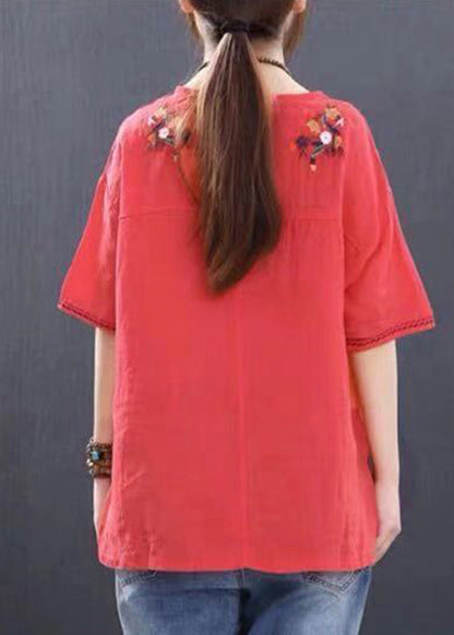 Handmade Red O-neck Embroideried Linen Tank Tops Short Sleeve