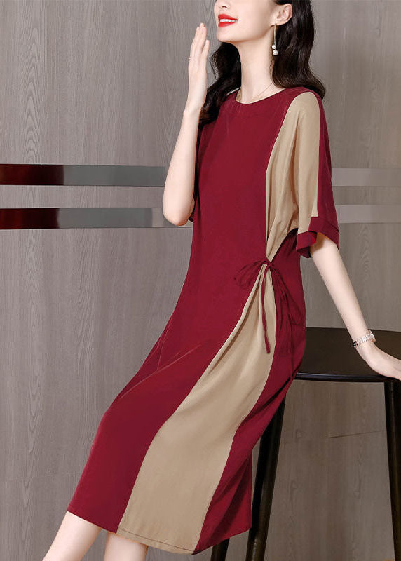Handmade Red O-neck Patchwork Chiffon Cinch Dresses Short Sleeve
