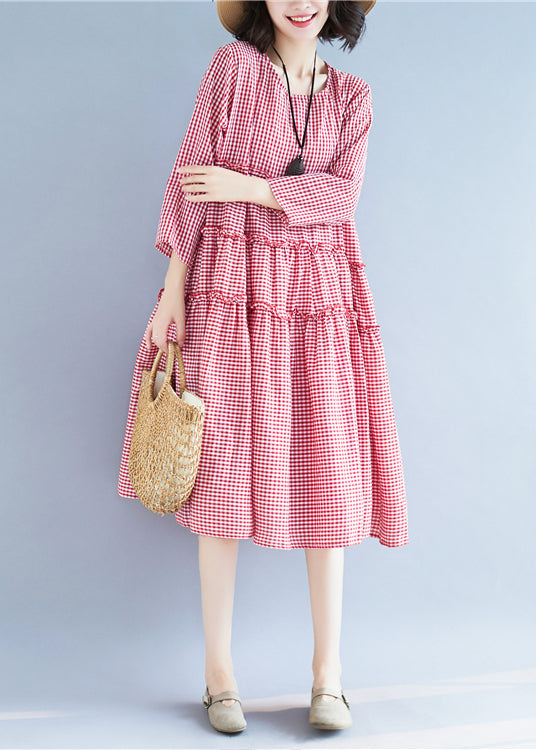 Handmade Red O-neck Ruffled Plaid Holiday Dress Long Sleeve