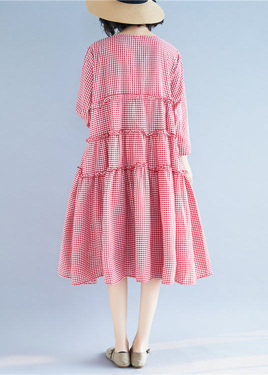 Handmade Red O-neck Ruffled Plaid Holiday Dress Long Sleeve