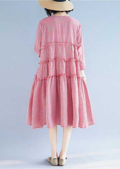 Handmade Red O-neck Ruffled Plaid Holiday Dress Long Sleeve