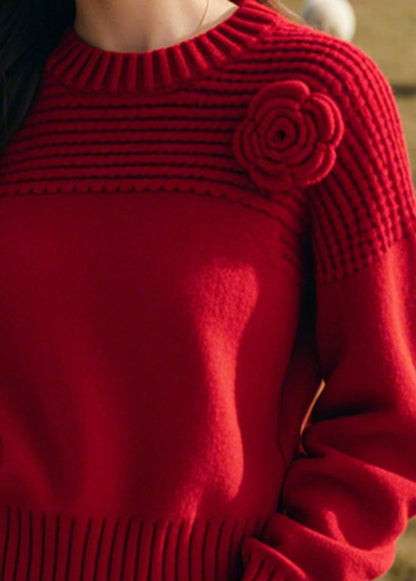 Handmade Red O Neck Thick Knit Sweaters Winter