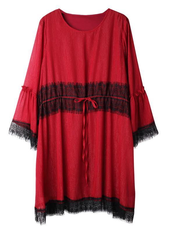 Handmade Red Patchwork Chiffon Flare Sleeve Summer Mini Dresses