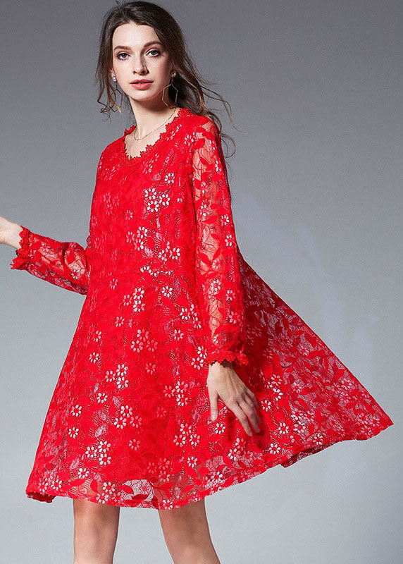 Handmade Red Patchwork O-neck Fall Lace Dress