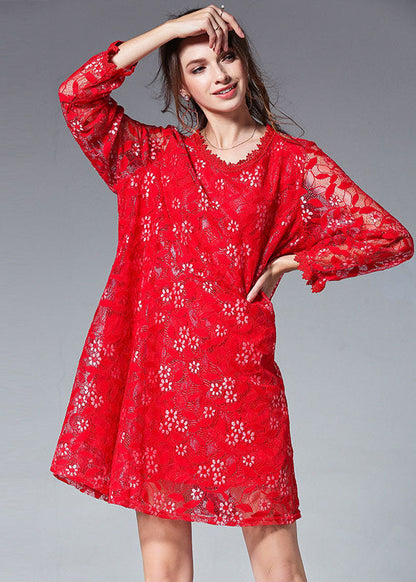 Handmade Red Patchwork O-neck Fall Lace Dress