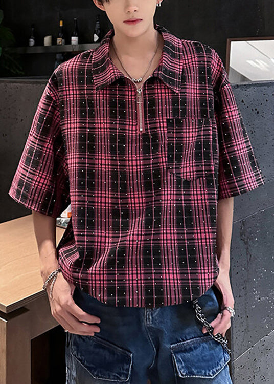 Handmade Red Plaid Zippered Zircon Cotton Shirts Half Sleeve