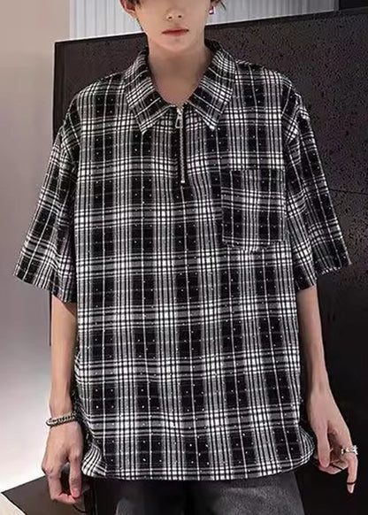 Handmade Red Plaid Zippered Zircon Cotton Shirts Half Sleeve
